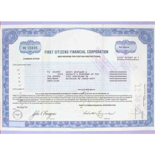 DE na Stock Certificate Company: First Citizens Financial Corporation ...