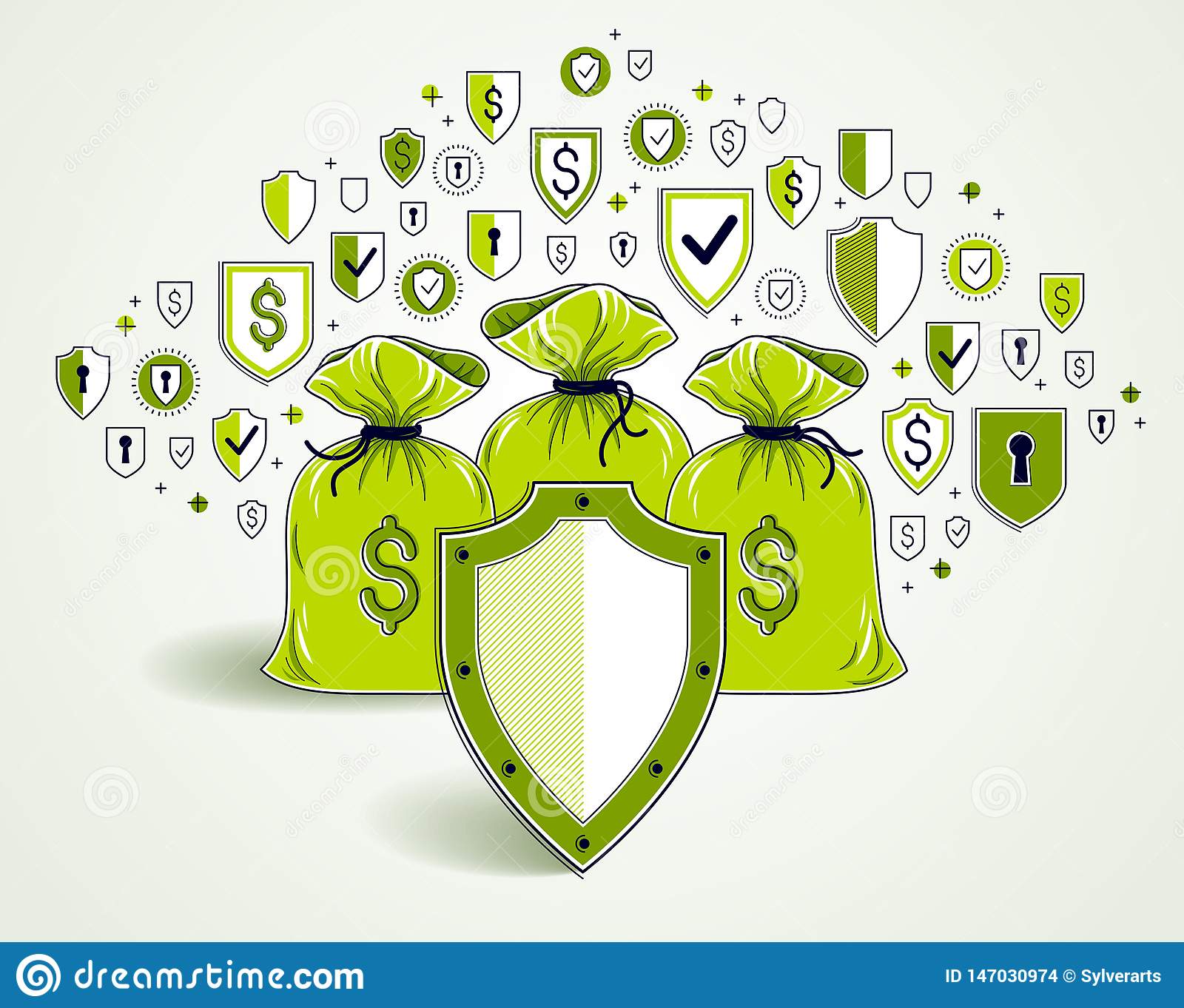 Shield Over 3 Money Bags, Financial Security Concept, Business And ...